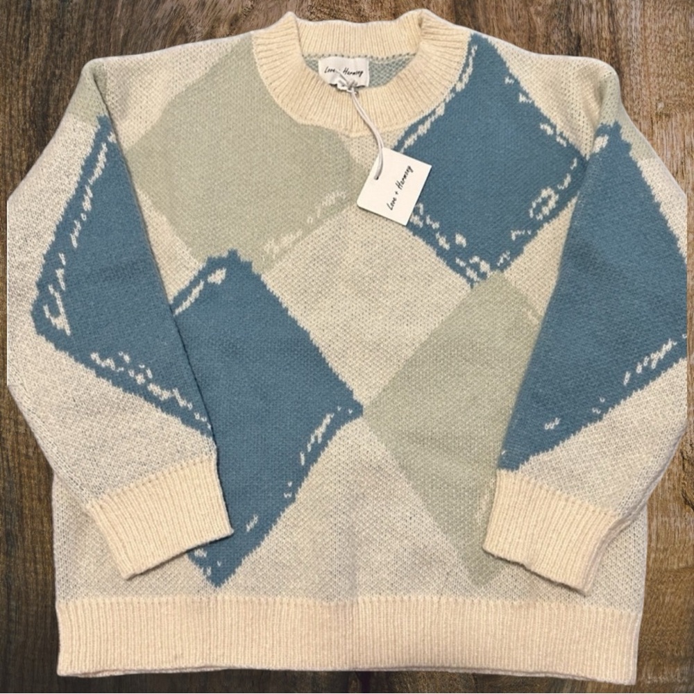NWT Love & Harmony Argyle Sweater Cream/Teal Size M